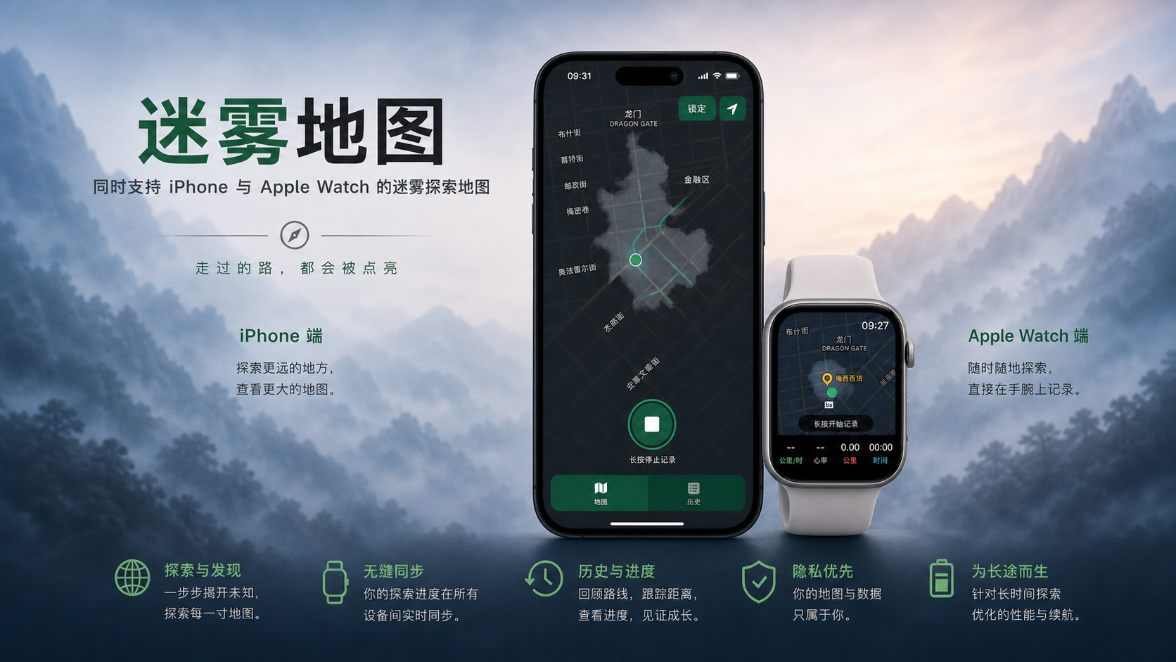 迷雾地图支持 iPhone 与 Apple Watch 的横屏宣传图